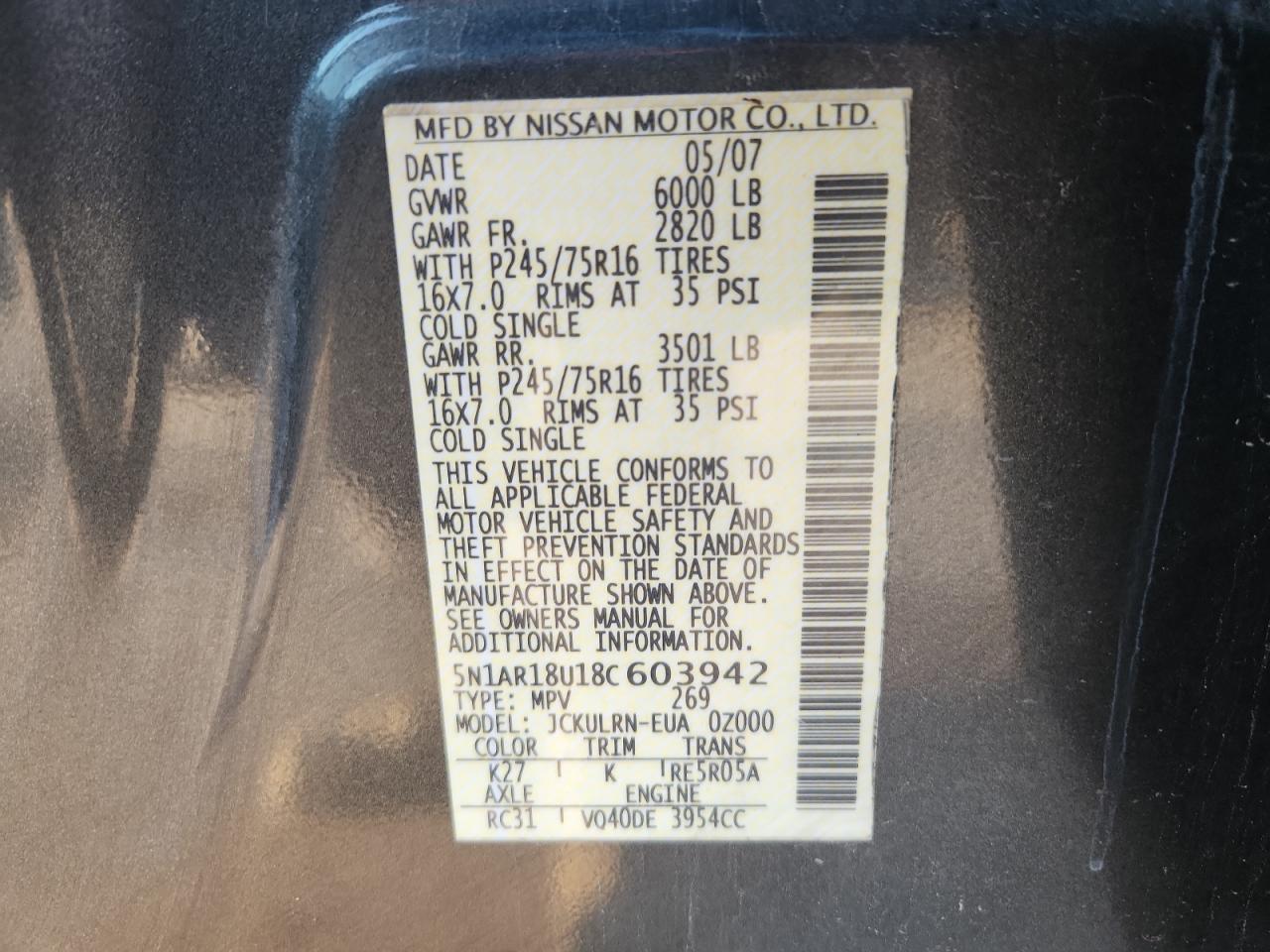 2008 Nissan Pathfinder S VIN: 5N1AR18U18C603942 Lot: 87222195