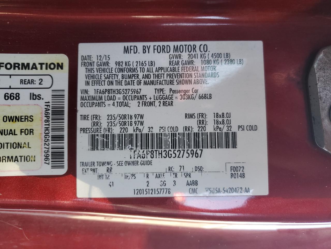 2016 Ford Mustang VIN: 1FA6P8TH3G5275967 Lot: 85594675