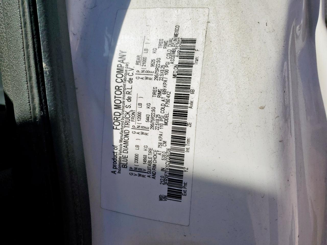 2012 Ford F750 Super Duty VIN: 3FRXF7FK1CV336706 Lot: 86282265