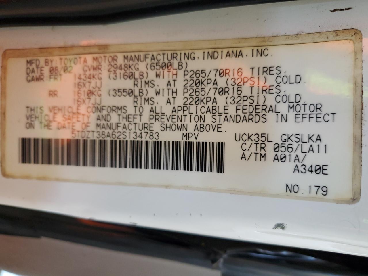2002 Toyota Sequoia Limited VIN: 5TDZT38A62S134783 Lot: 86534465