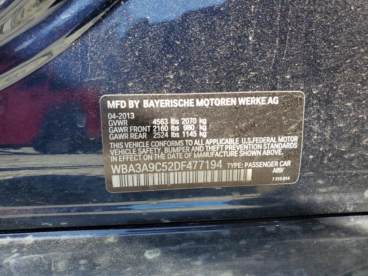 2013 BMW 335 I VIN: WBA3A9C52DF477194 Lot: 82199145