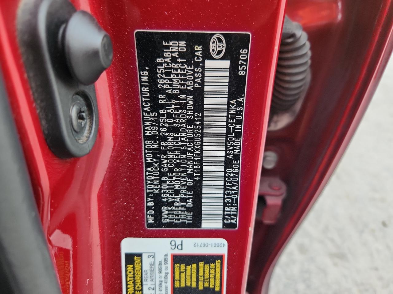 2016 Toyota Camry Le VIN: 4T1BF1FKXGU525412 Lot: 85851285