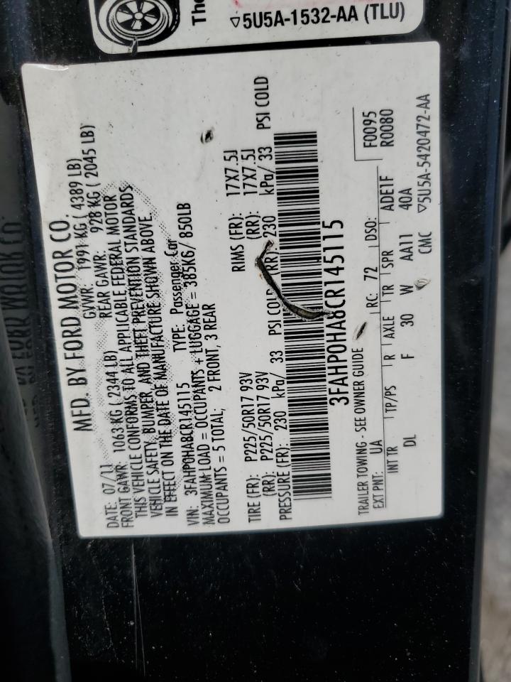 2012 Ford Fusion Se VIN: 3FAHP0HA8CR145115 Lot: 82305145