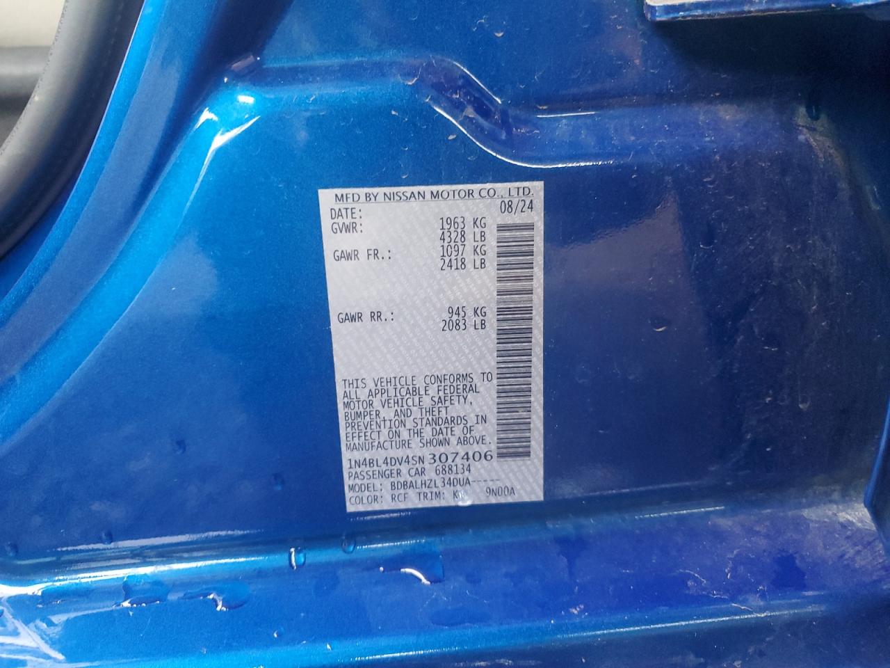 2025 Nissan Altima Sv VIN: 1N4BL4DV4SN307406 Lot: 86153595