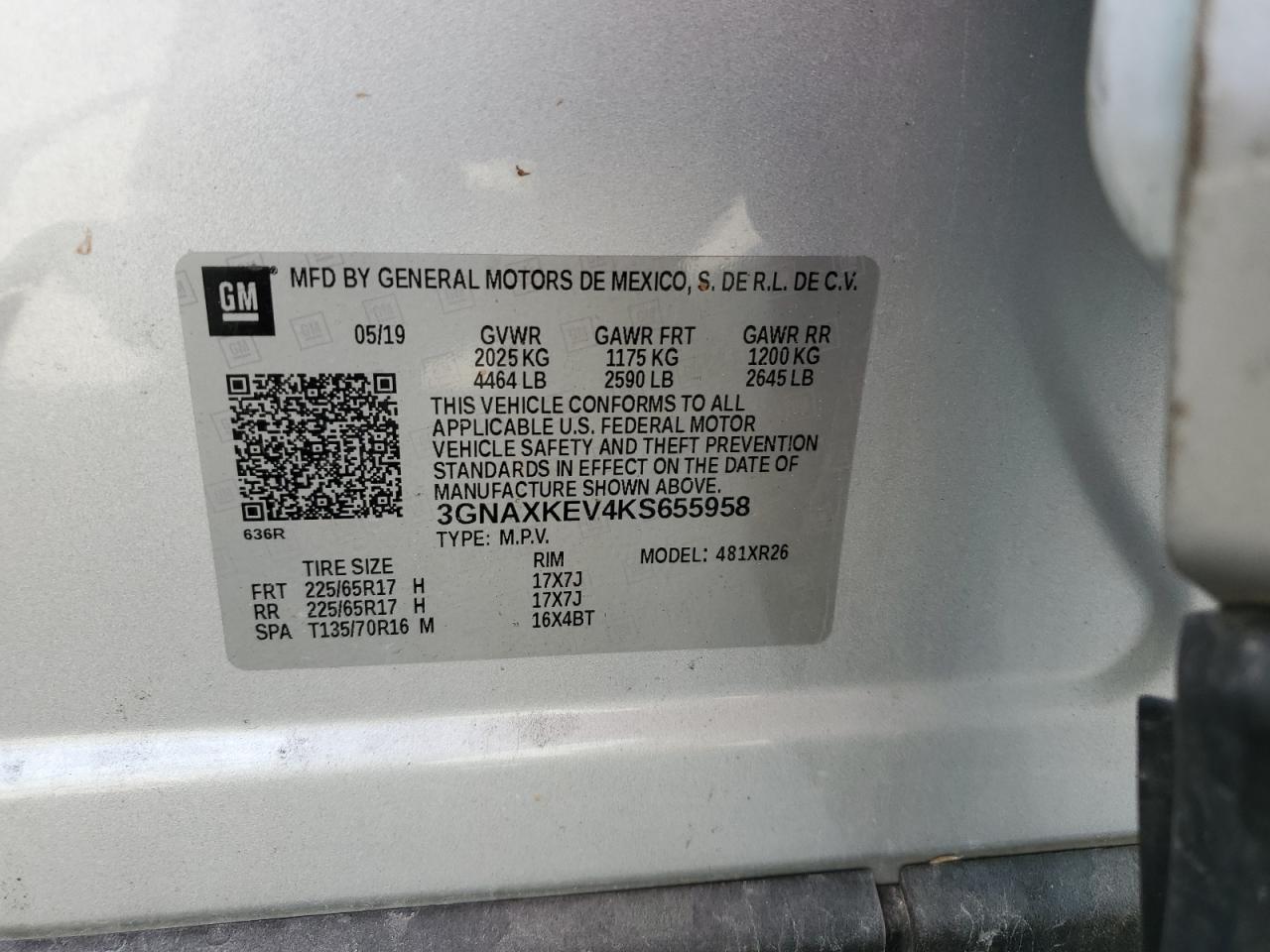 2019 Chevrolet Equinox Lt VIN: 3GNAXKEV4KS655958 Lot: 84871885