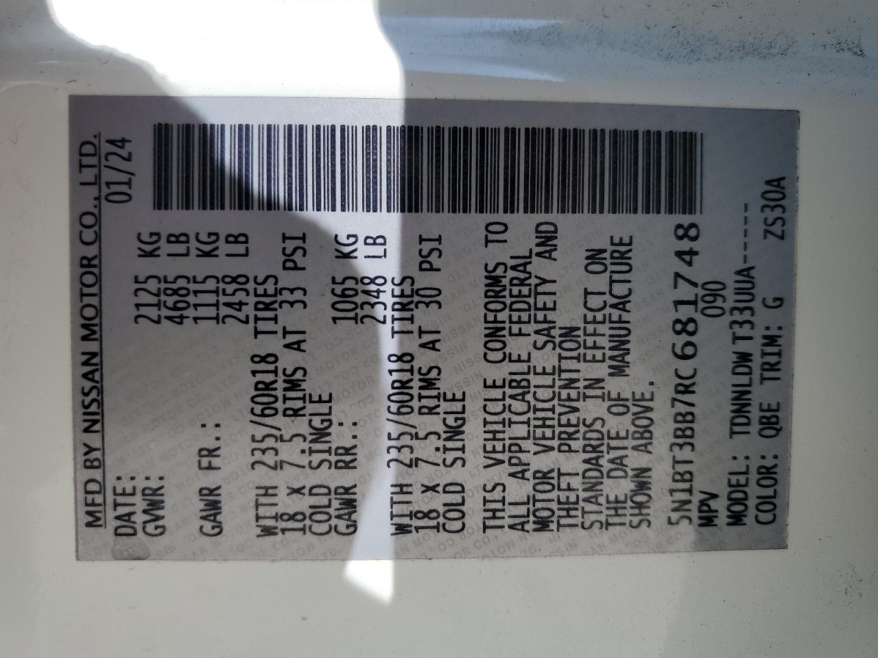 2024 Nissan Rogue Sv VIN: 5N1BT3BB7RC681748 Lot: 82708165