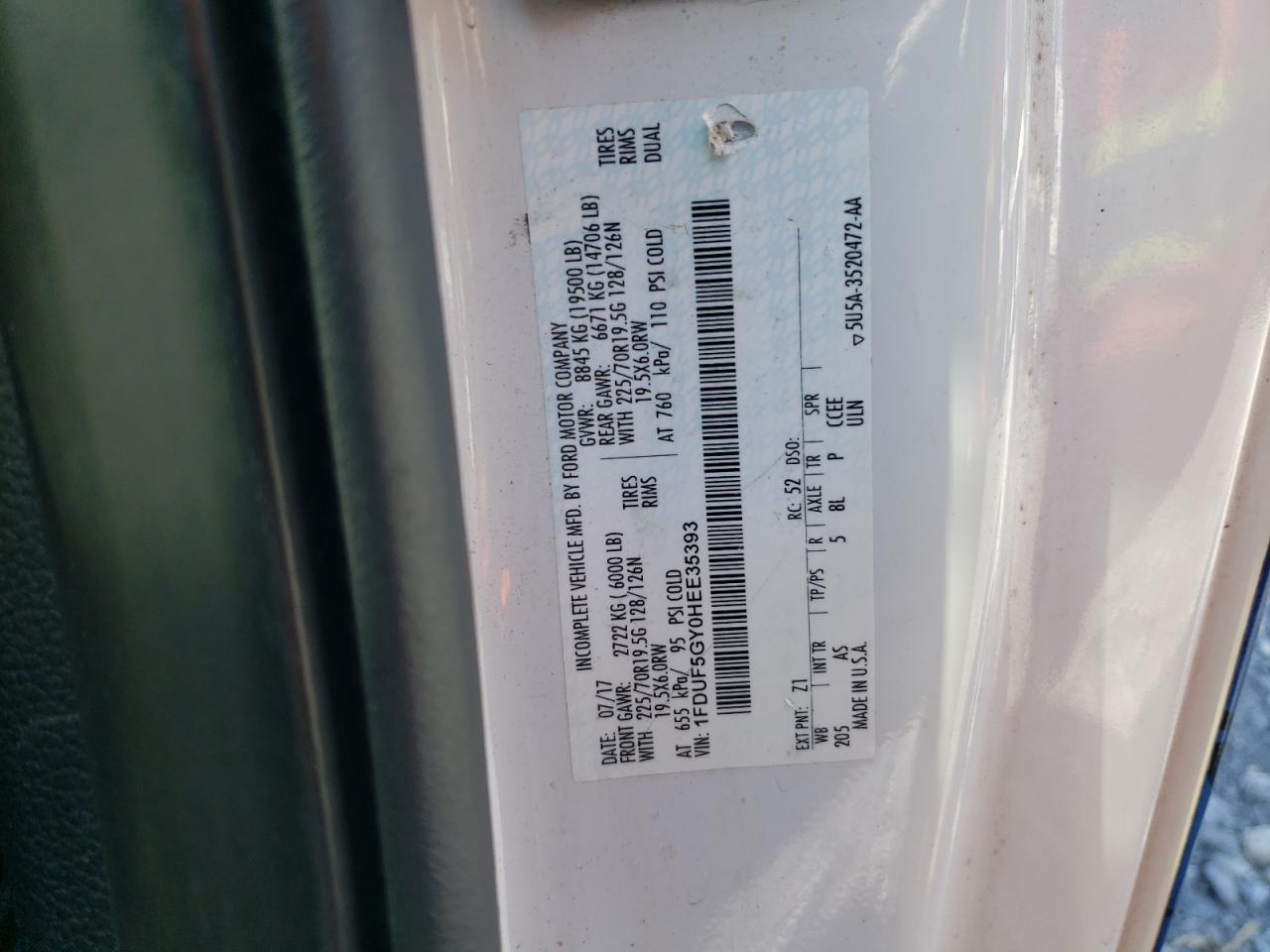 2017 Ford F550 Super Duty VIN: 1FDUF5GY0HEE35393 Lot: 85364645