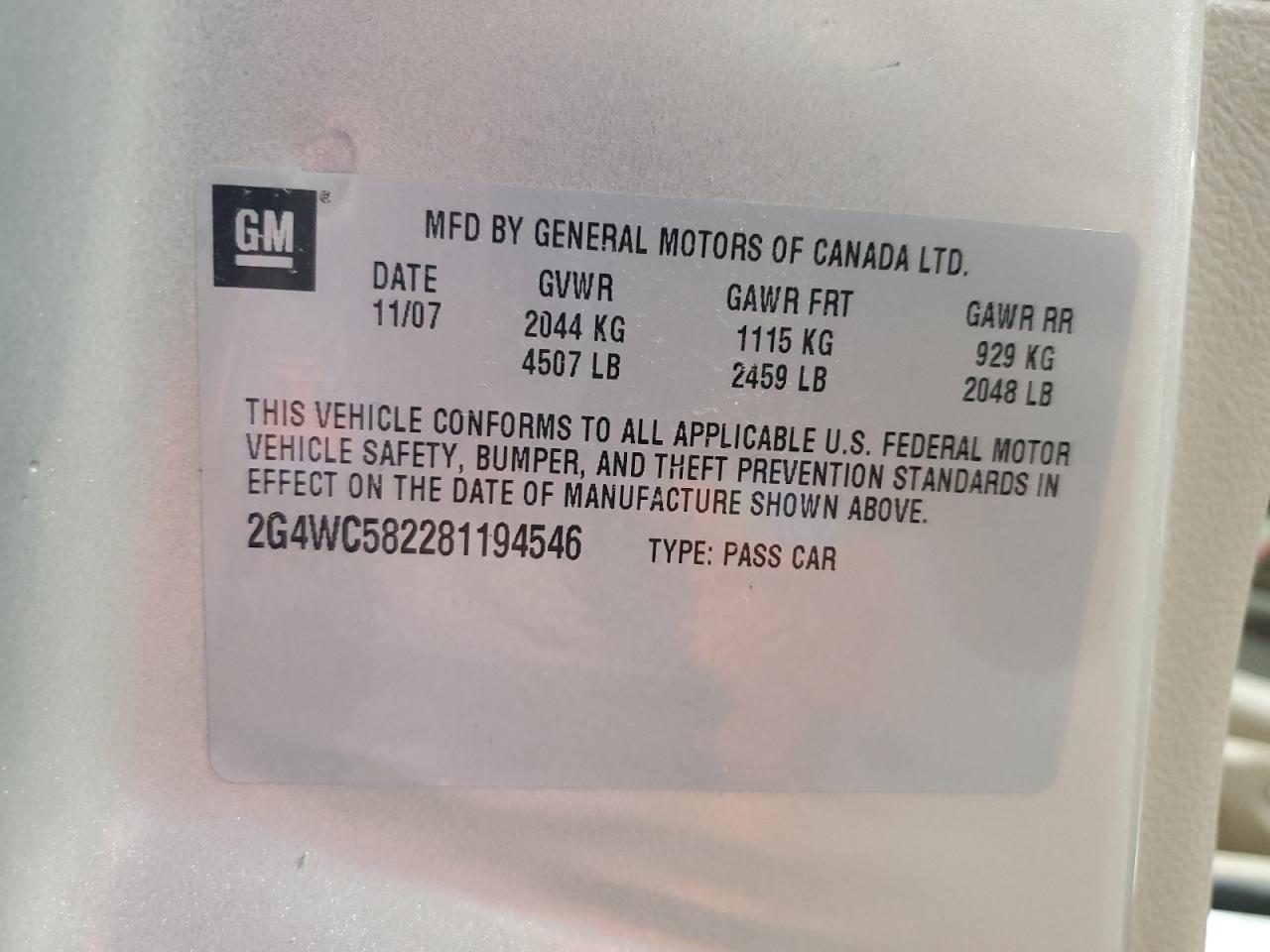 2008 Buick Lacrosse Cx VIN: 2G4WC582281194546 Lot: 89707575