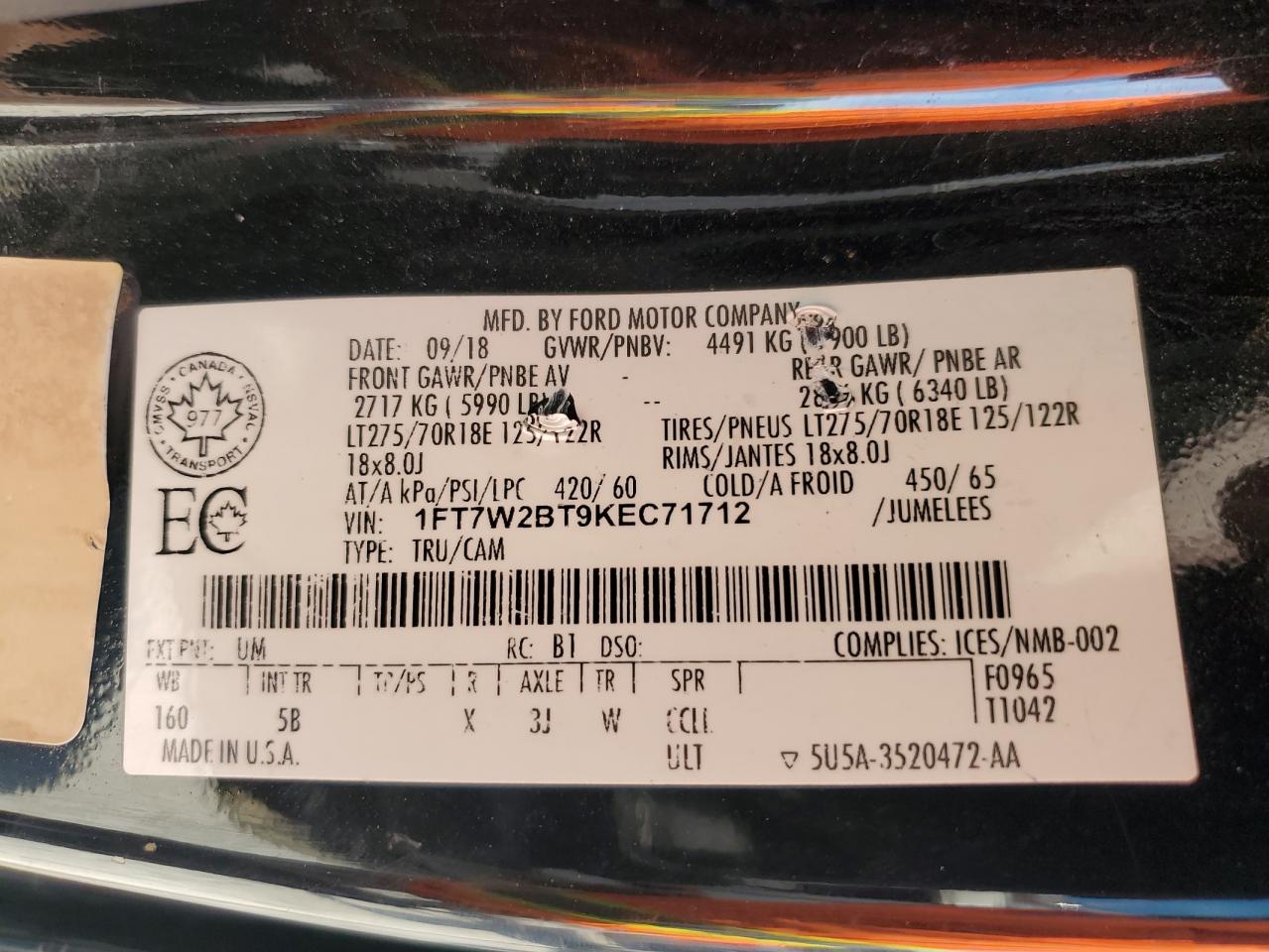 2019 Ford F250 Super Duty VIN: 1FT7W2BT9KEC71712 Lot: 82189275