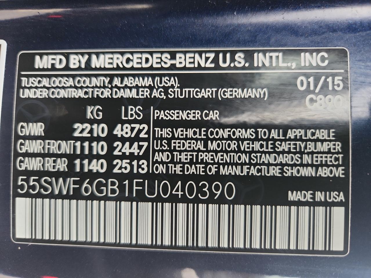 2015 Mercedes-Benz C 400 4Matic VIN: 55SWF6GB1FU040390 Lot: 86332605