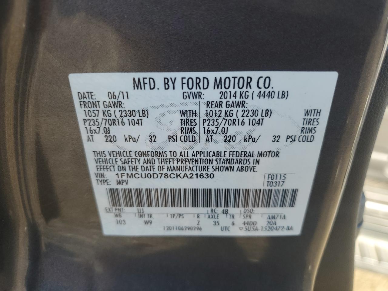 2012 Ford Escape Xlt VIN: 1FMCU0D78CKA21630 Lot: 82195565