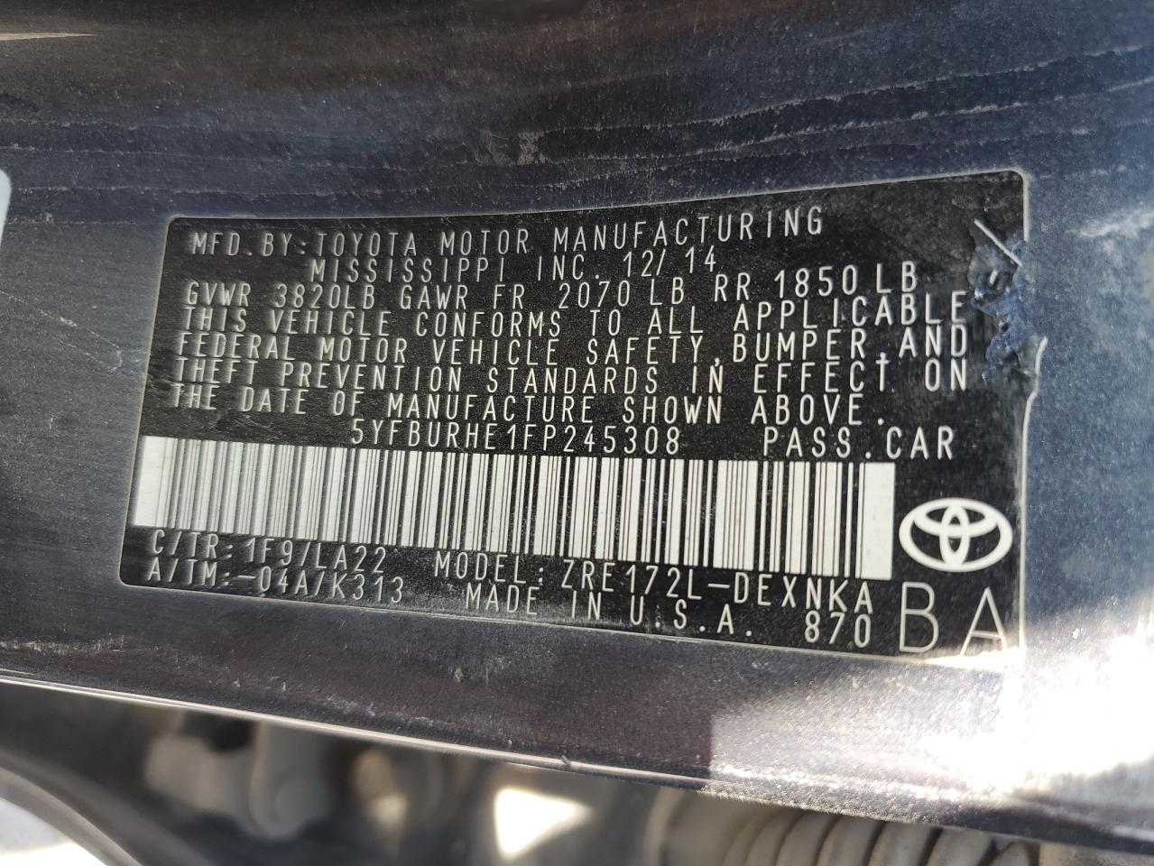 2015 Toyota Corolla L VIN: 5YFBURHE1FP245308 Lot: 81972025