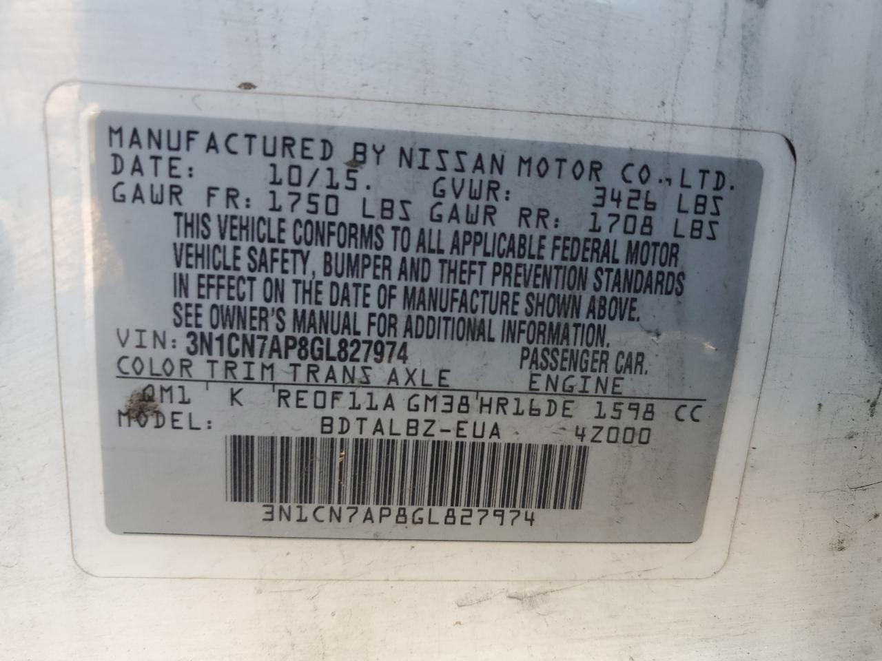 2016 Nissan Versa S VIN: 3N1CN7AP8GL827974 Lot: 85363885