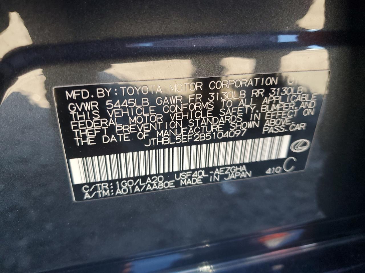 2011 Lexus Ls 460 VIN: JTHBL5EF2B5104097 Lot: 84960545