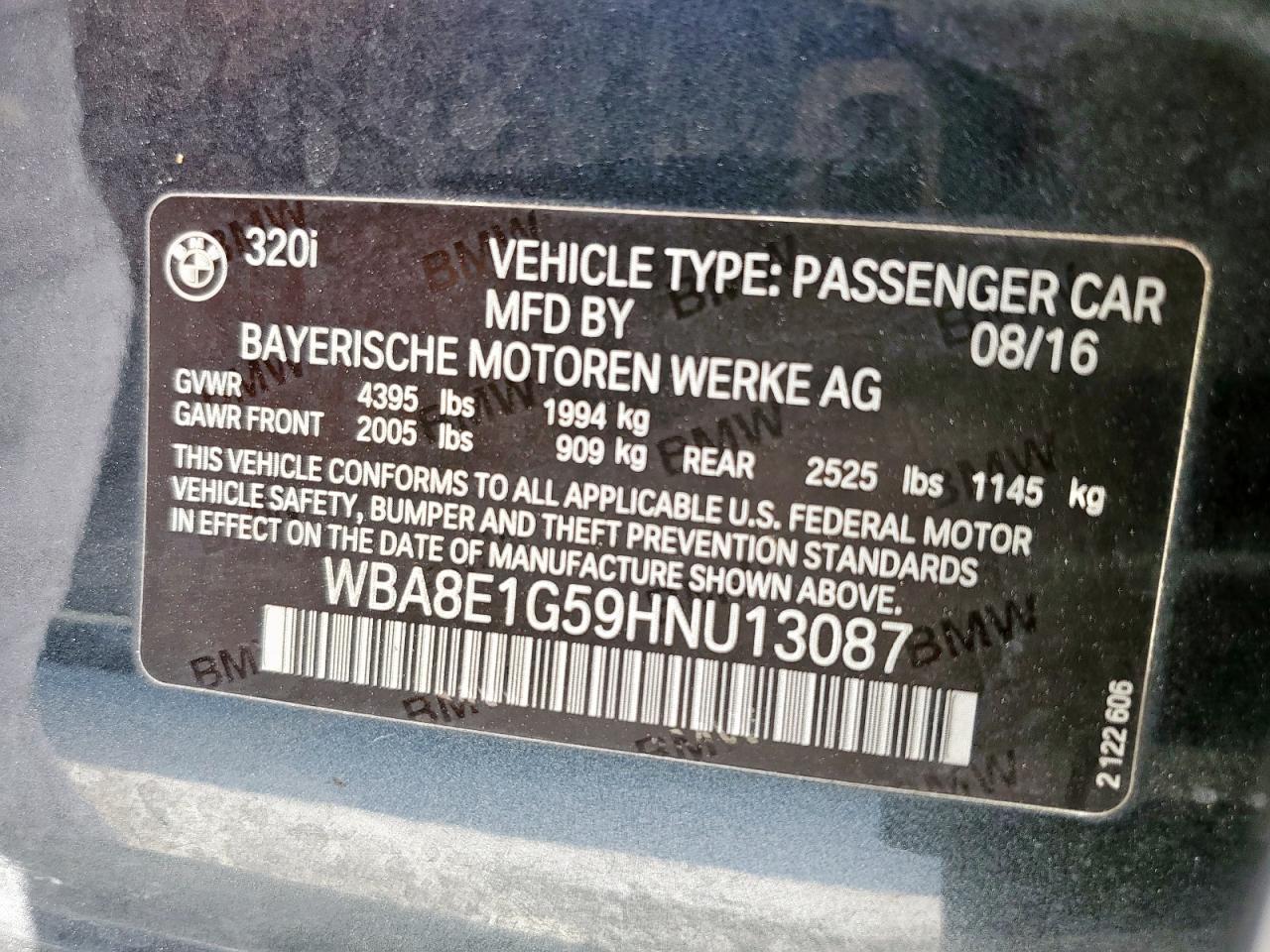 2017 BMW 320 I VIN: WBA8E1G59HNU13087 Lot: 82452865