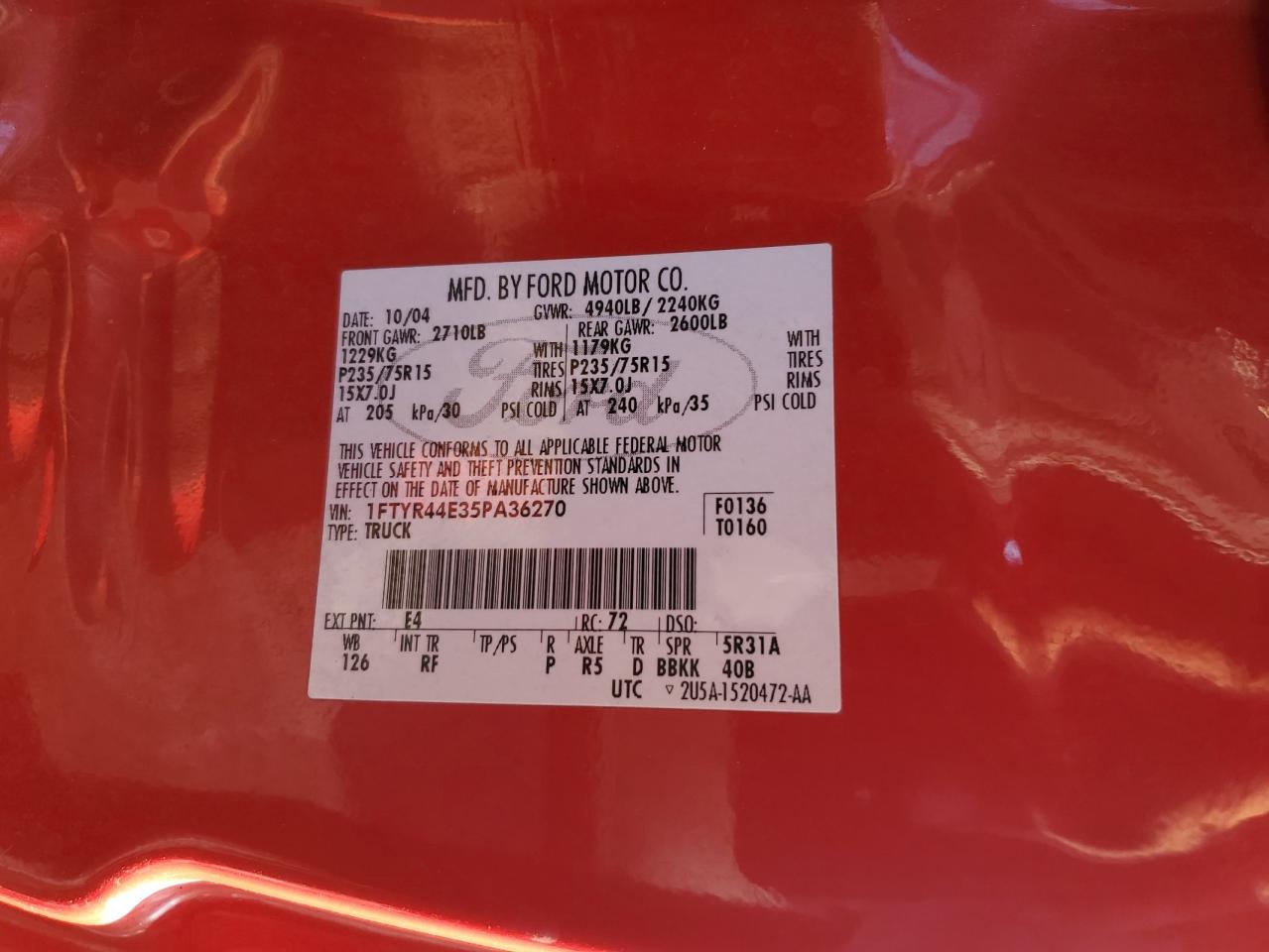 2005 Ford Ranger Super Cab VIN: 1FTYR44E35PA36270 Lot: 90683015