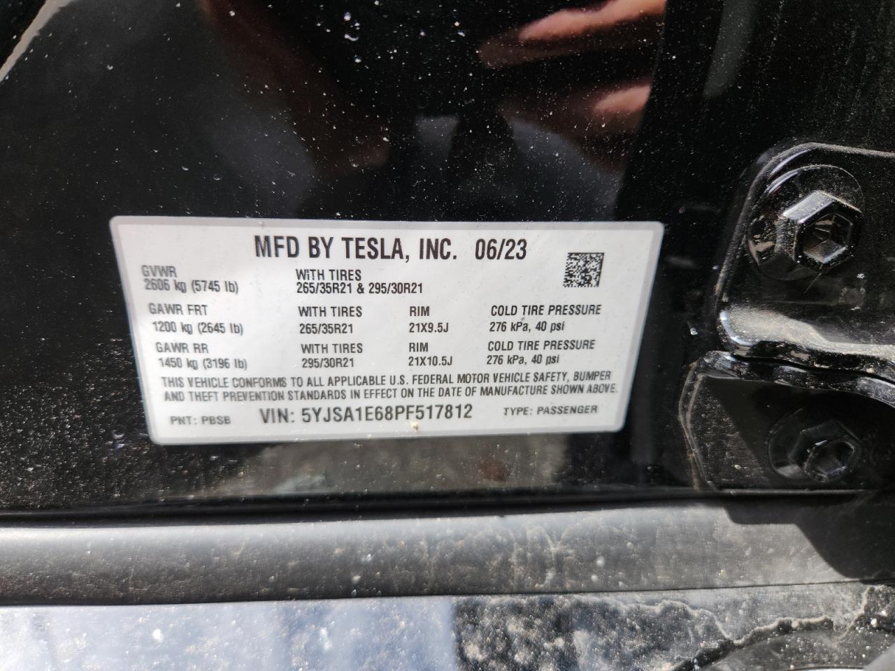 2023 Tesla Model S VIN: 5YJSA1E68PF517812 Lot: 81990895