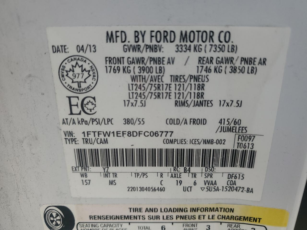 2013 Ford F150 Supercrew VIN: 1FTFW1EF8DFC06777 Lot: 82719765