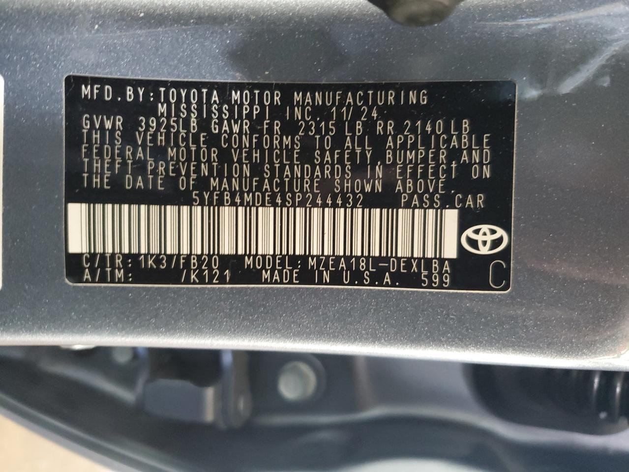 2025 Toyota Corolla Le VIN: 5YFB4MDE4SP244432 Lot: 85012565