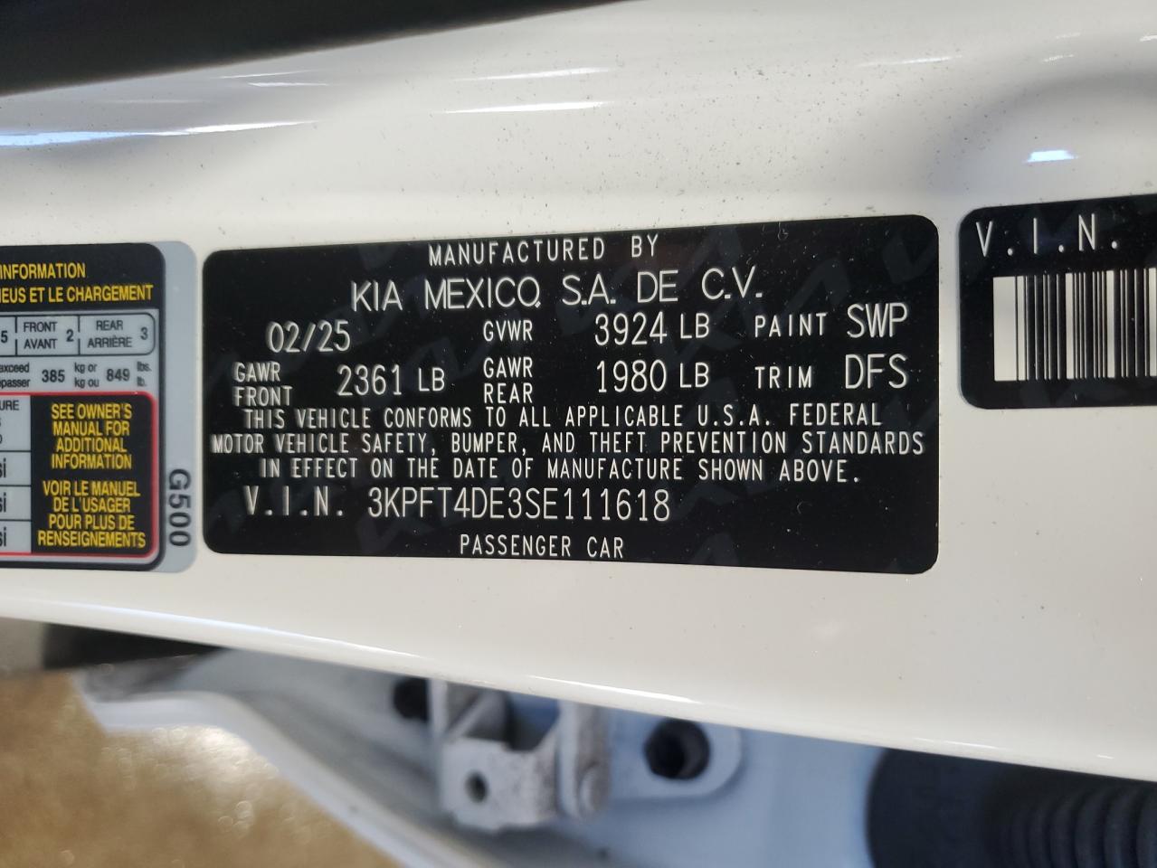2025 Kia K4 Lx VIN: 3KPFT4DE3SE111618 Lot: 86111775