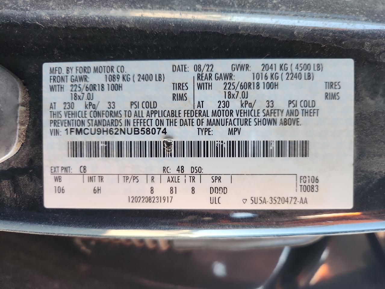 2022 Ford Escape Sel VIN: 1FMCU9H62NUB58074 Lot: 86149295