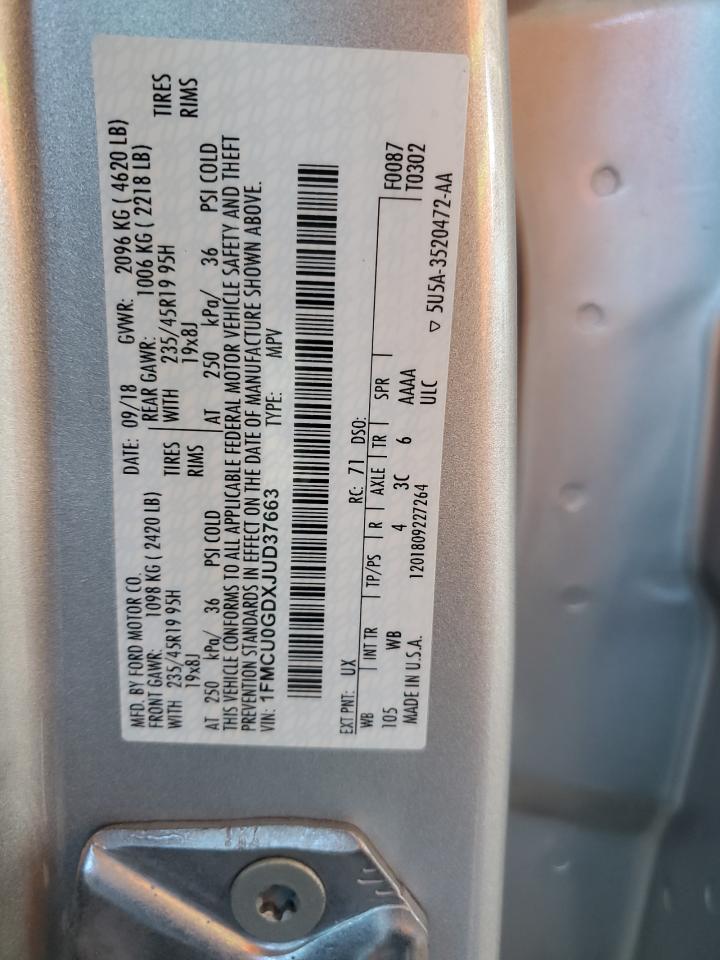 2018 Ford Escape Se VIN: 1FMCU0GDXJUD37663 Lot: 89918455