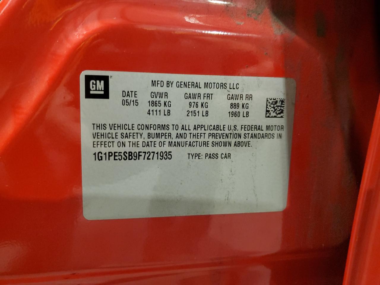 2015 Chevrolet Cruze Lt VIN: 1G1PE5SB9F7271935 Lot: 85780085