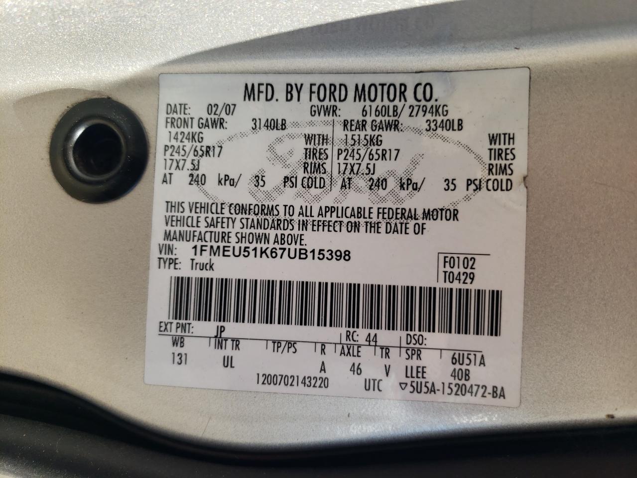 2007 Ford Explorer Sport Trac Xlt VIN: 1FMEU51K67UB15398 Lot: 86134885