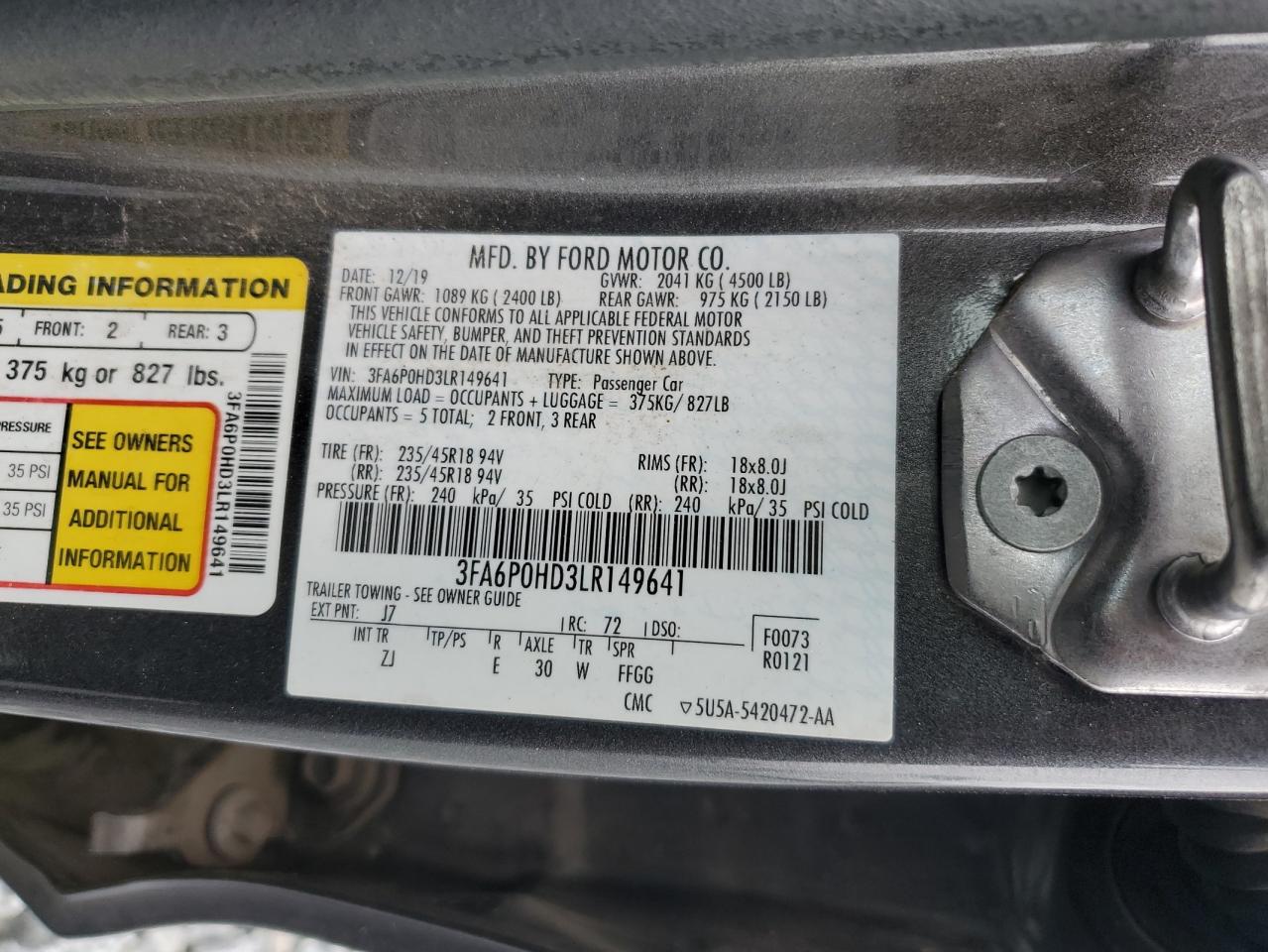 2020 Ford Fusion Se VIN: 3FA6P0HD3LR149641 Lot: 87075875