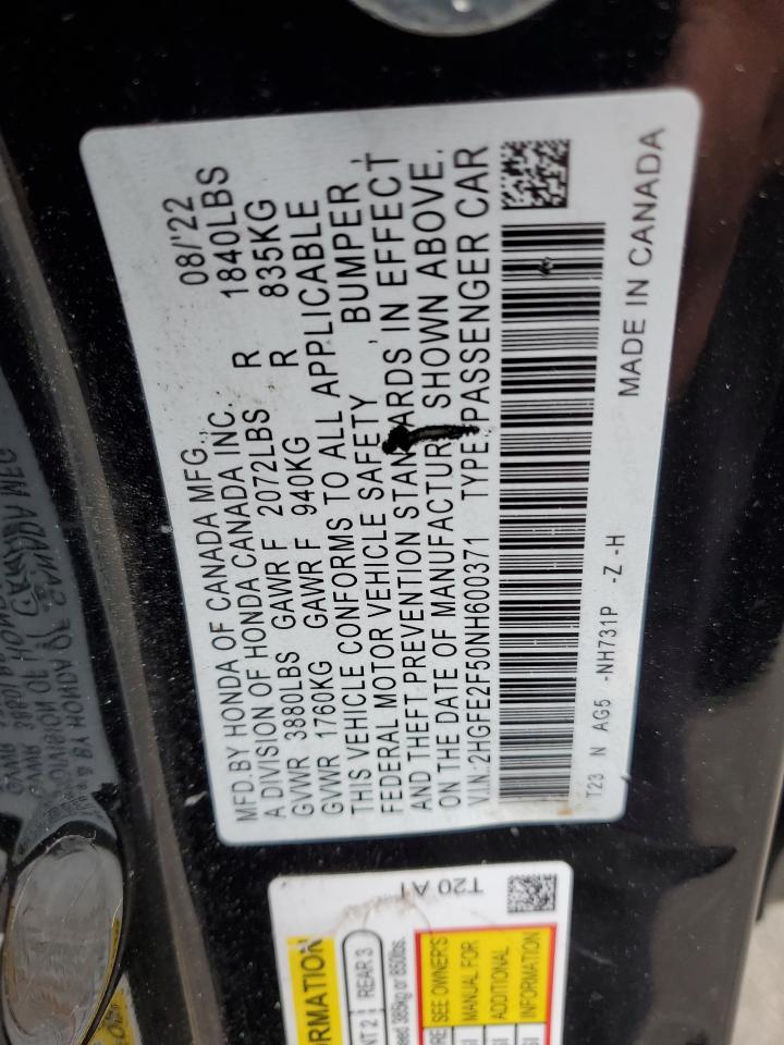 2022 Honda Civic Sport VIN: 2HGFE2F50NH600371 Lot: 82355975