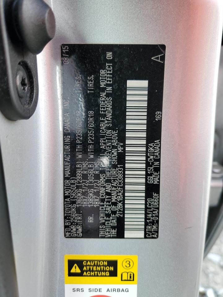 2015 Lexus Rx 350 Base VIN: 2T2BK1BA2FC338931 Lot: 90222465