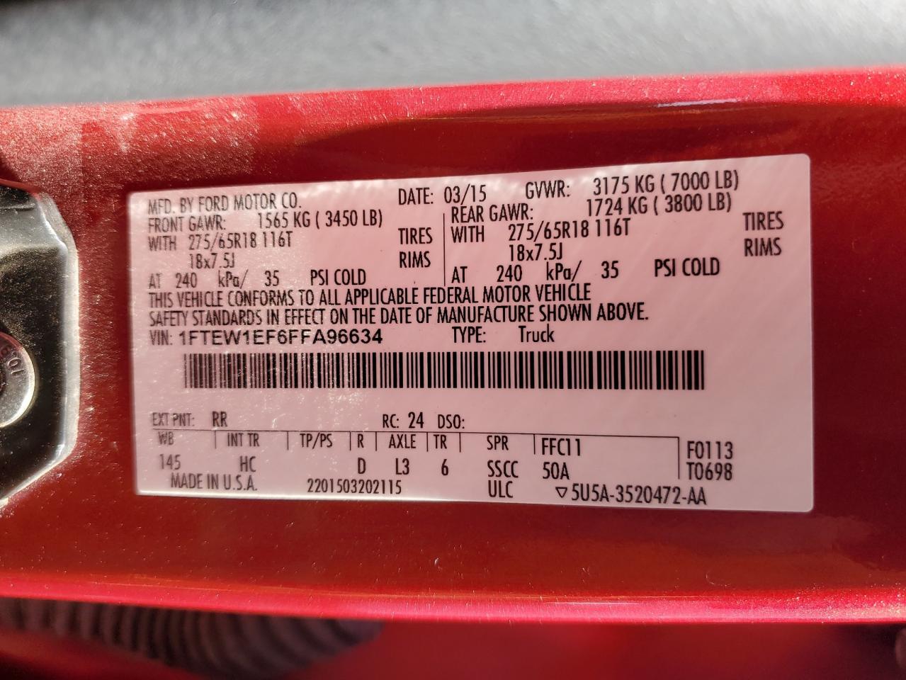 2015 Ford F150 Supercrew VIN: 1FTEW1EF6FFA96634 Lot: 87382515