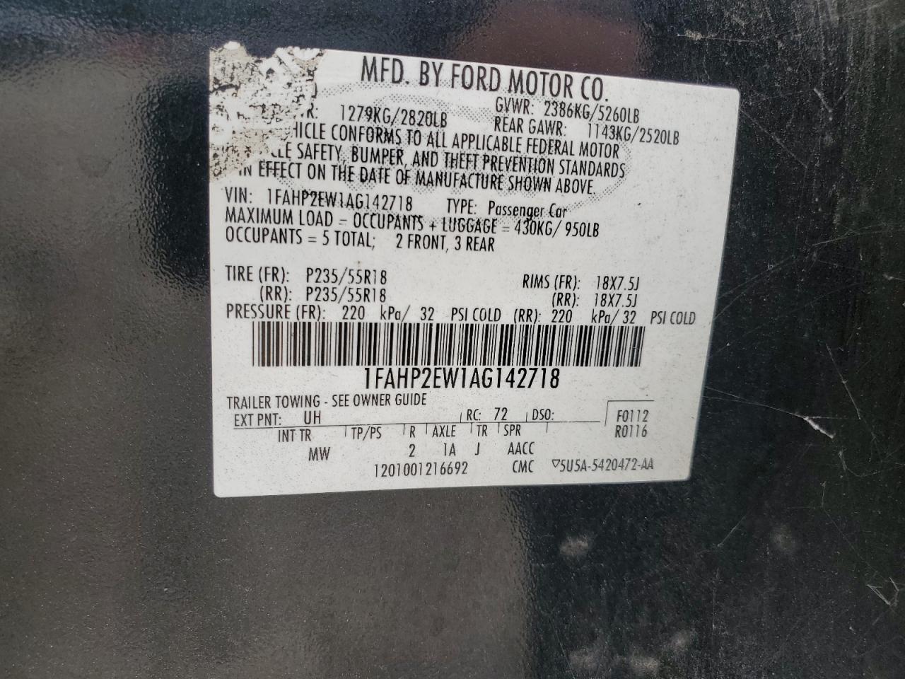 2010 Ford Taurus Sel VIN: 1FAHP2EW1AG142718 Lot: 85484405