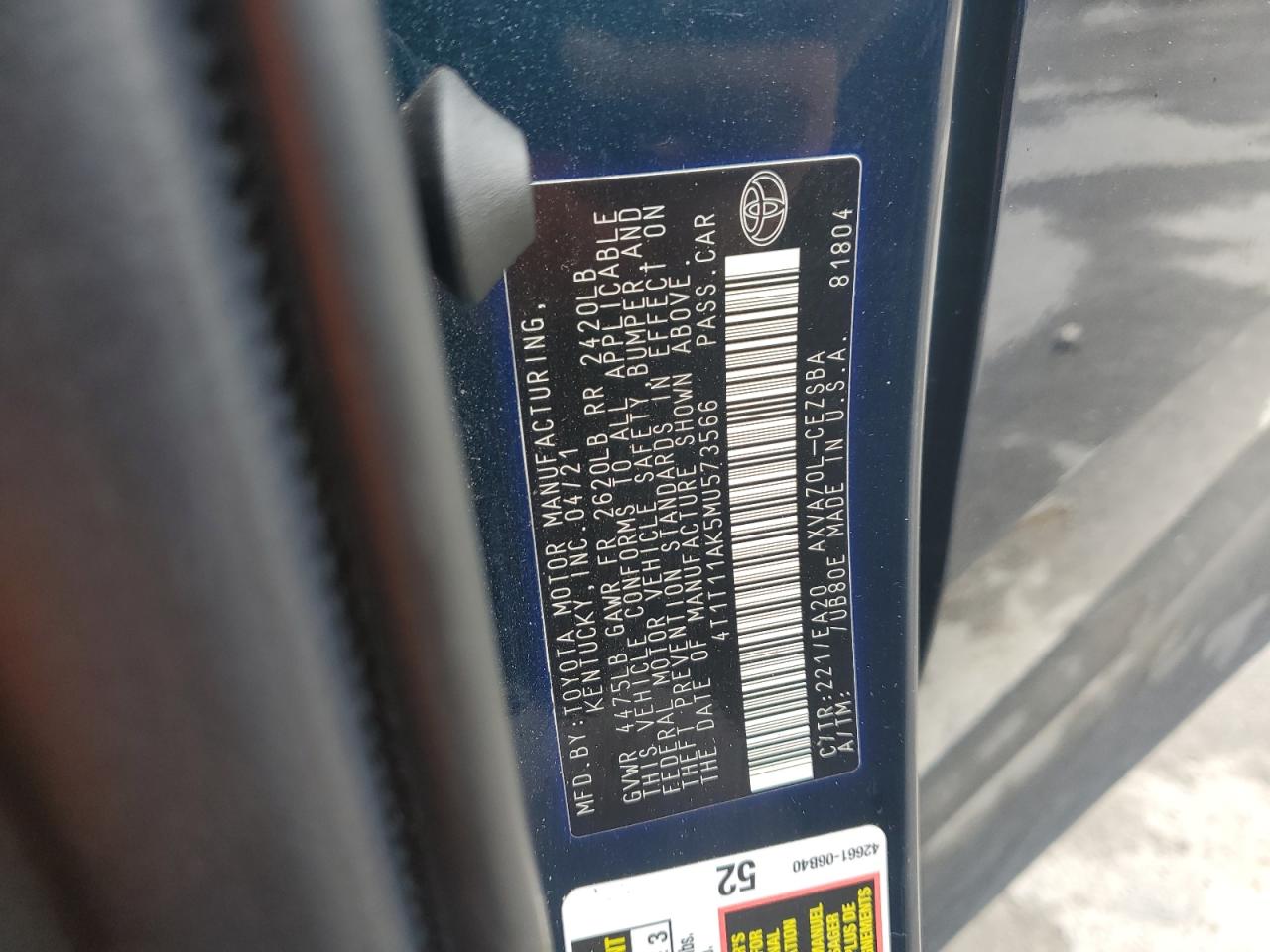 2021 Toyota Camry Se VIN: 4T1T11AK5MU573566 Lot: 81991035