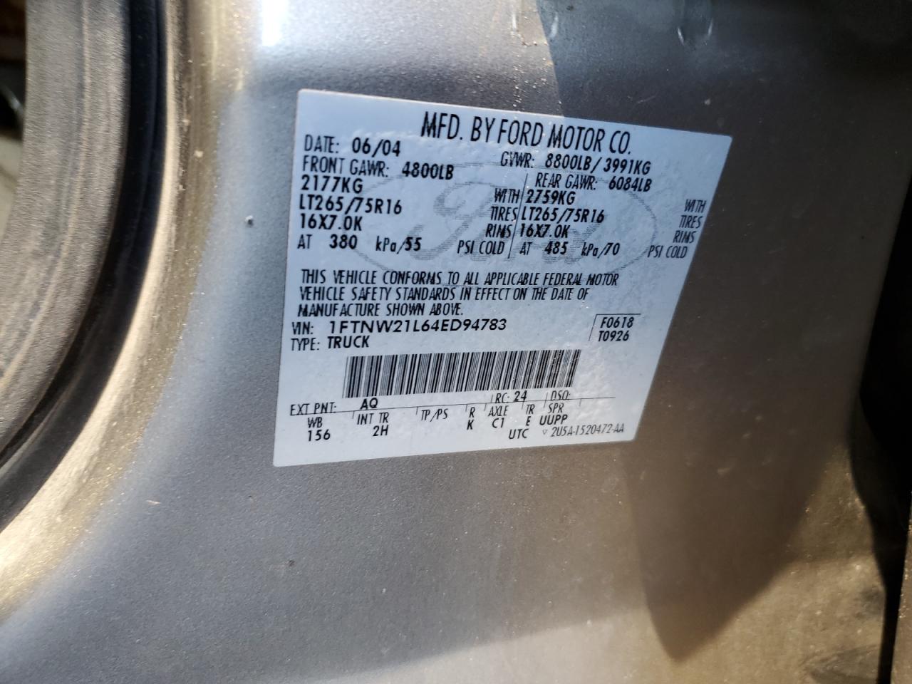 2004 Ford F250 Super Duty VIN: 1FTNW21L64ED94783 Lot: 87398945