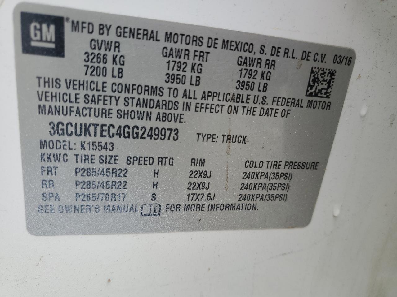 2016 Chevrolet Silverado K1500 High Country VIN: 3GCUKTEC4GG249973 Lot: 85689835