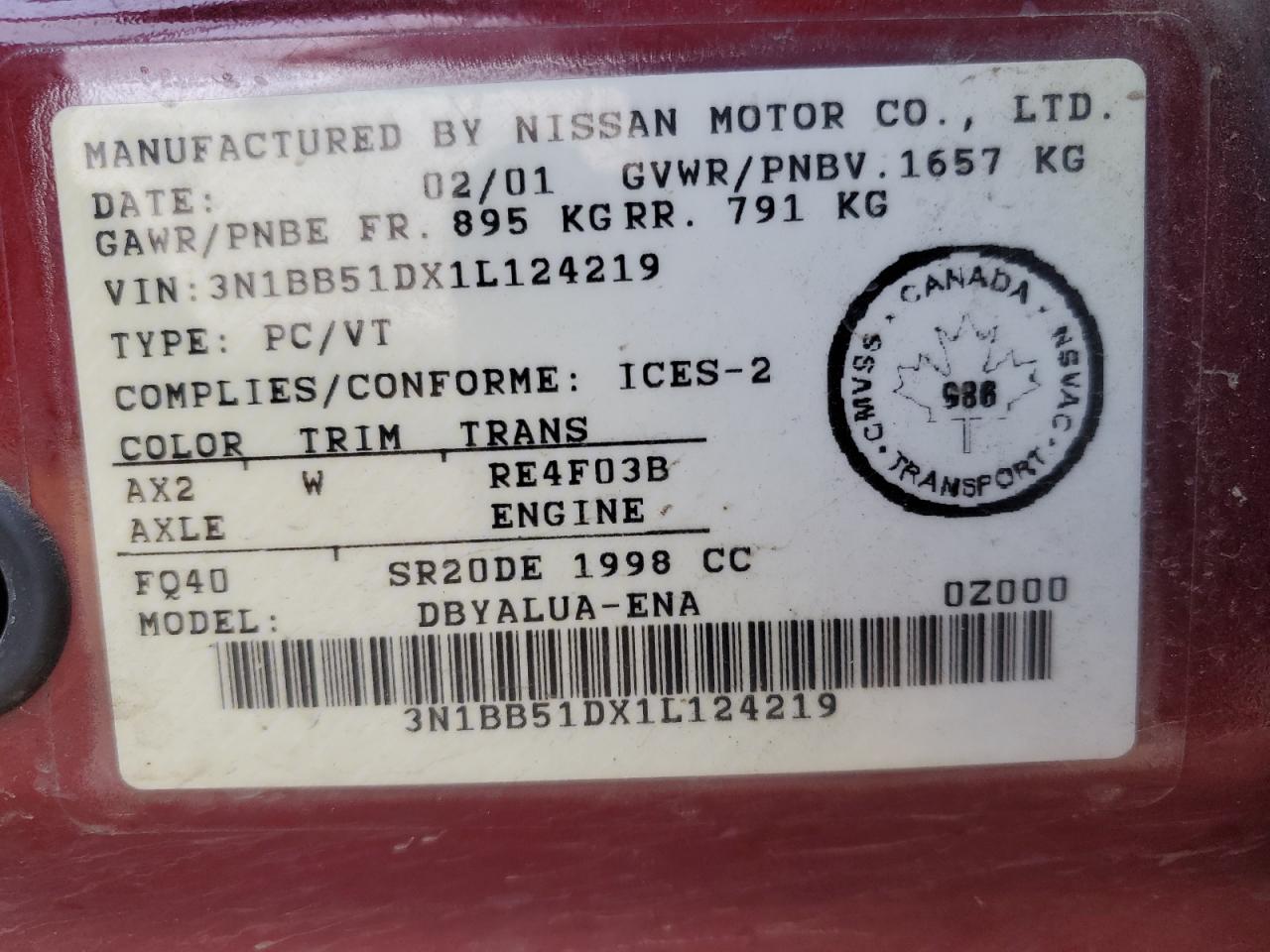 2001 Nissan Sentra Se VIN: 3N1BB51DX1L124219 Lot: 87369175