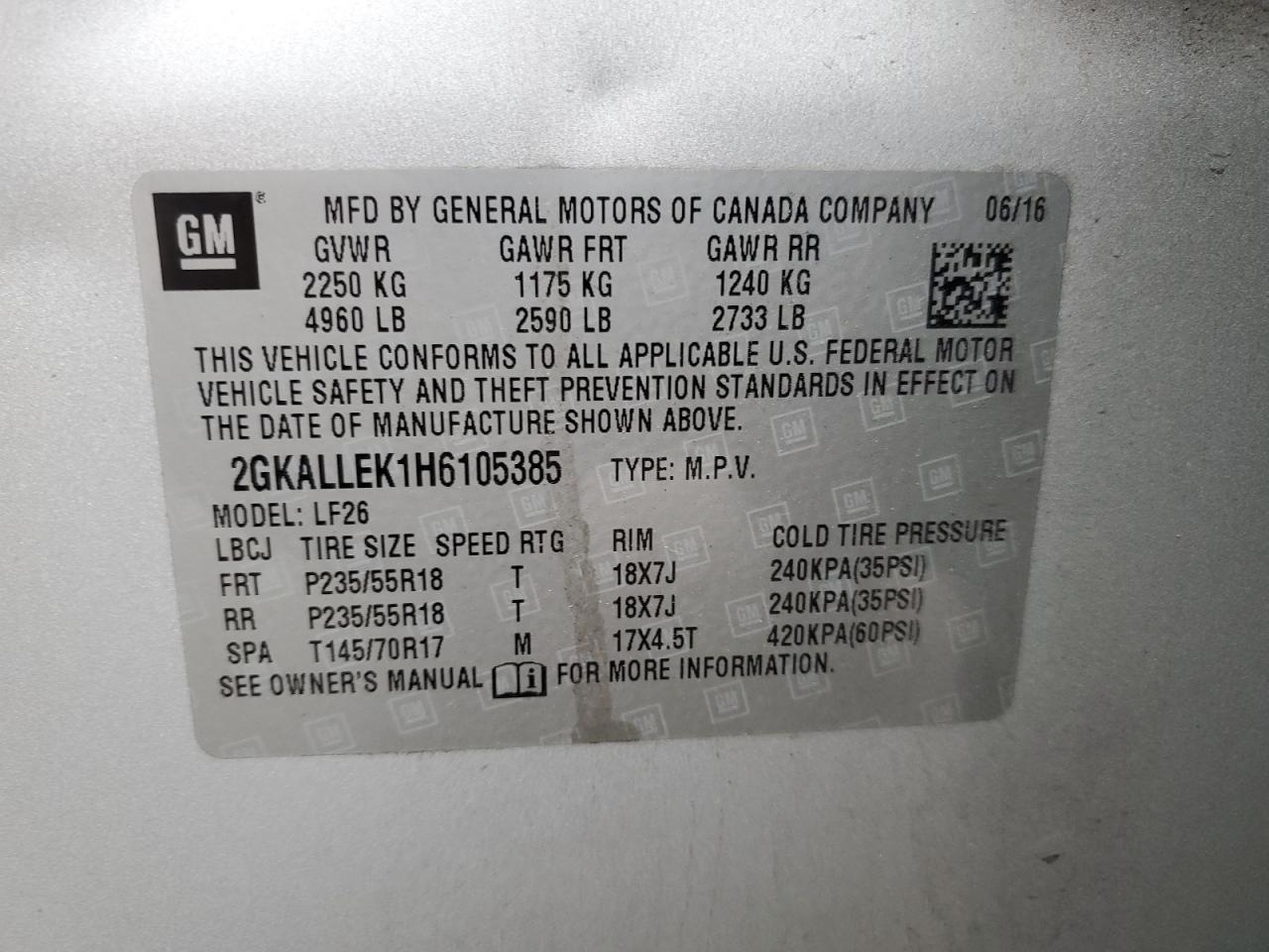 2017 GMC Terrain Sl VIN: 2GKALLEK1H6105385 Lot: 82651695