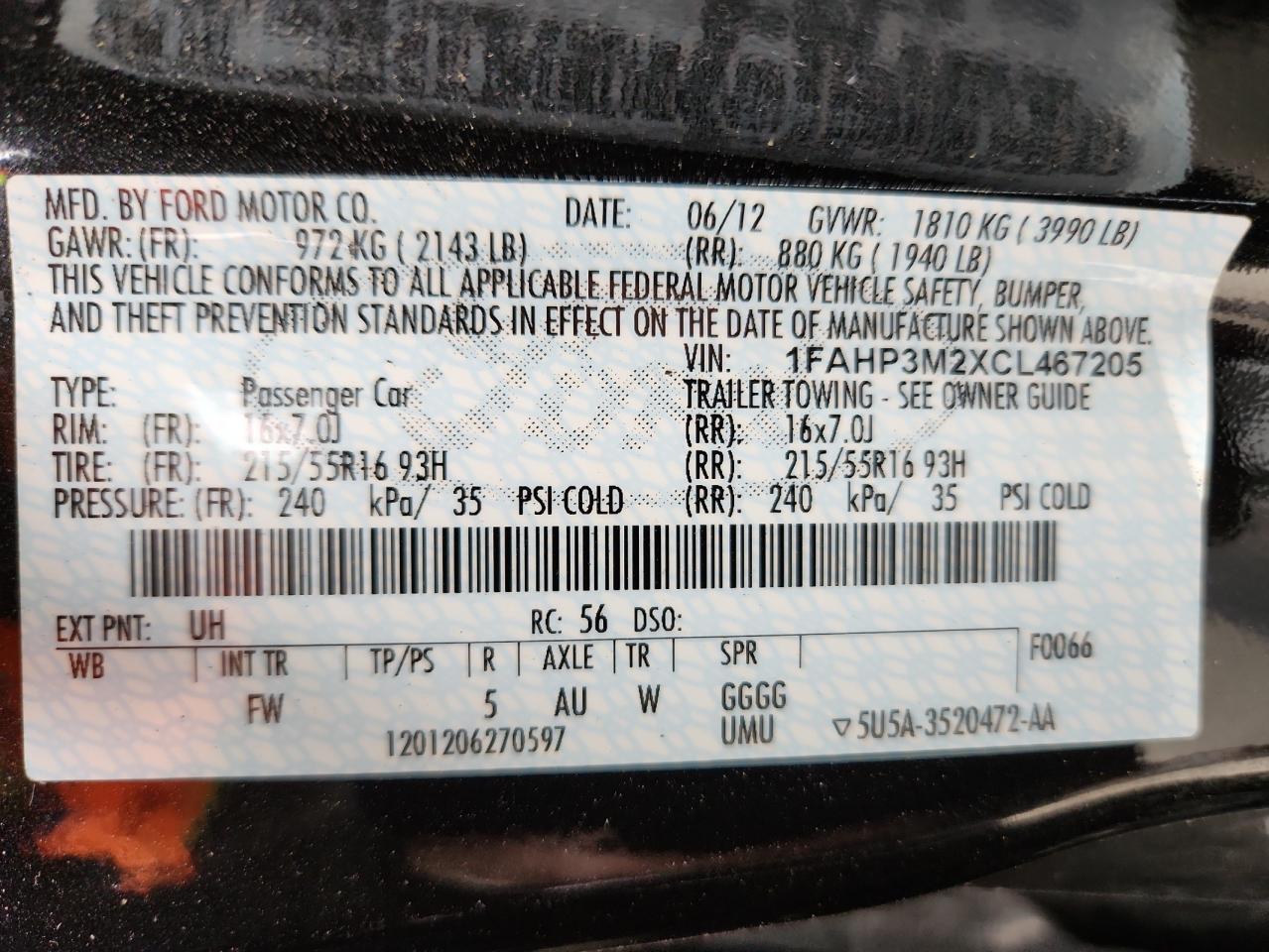 2012 Ford Focus Sel VIN: 1FAHP3M2XCL467205 Lot: 85378165