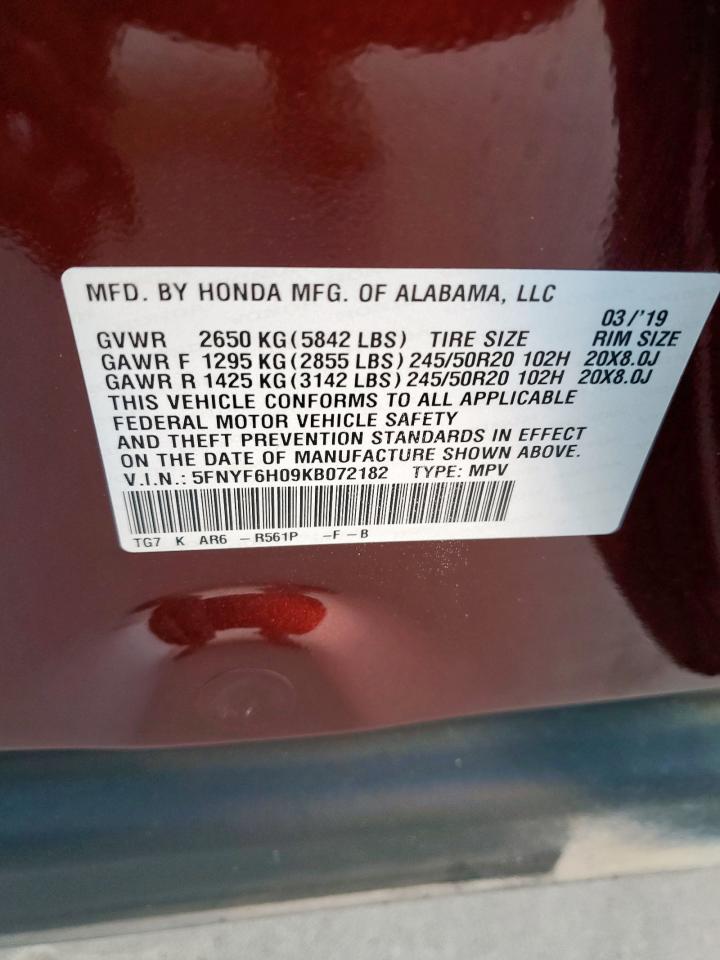 2019 Honda Pilot Elite VIN: 5FNYF6H09KB072182 Lot: 84909505