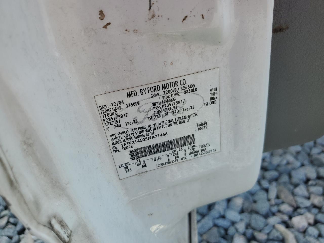 2005 Ford F150 VIN: 1FTPX14505NA71456 Lot: 82261395