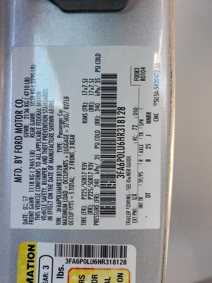 2017 Ford Fusion Se Hybrid VIN: 3FA6P0LU6HR318128 Lot: 90273515