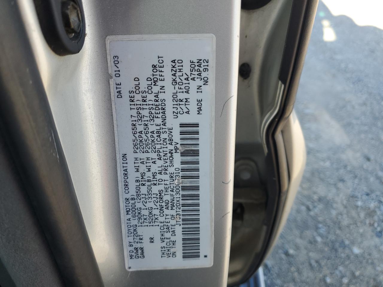 2003 Lexus Gx 470 VIN: JTJBT20X130007310 Lot: 85352465