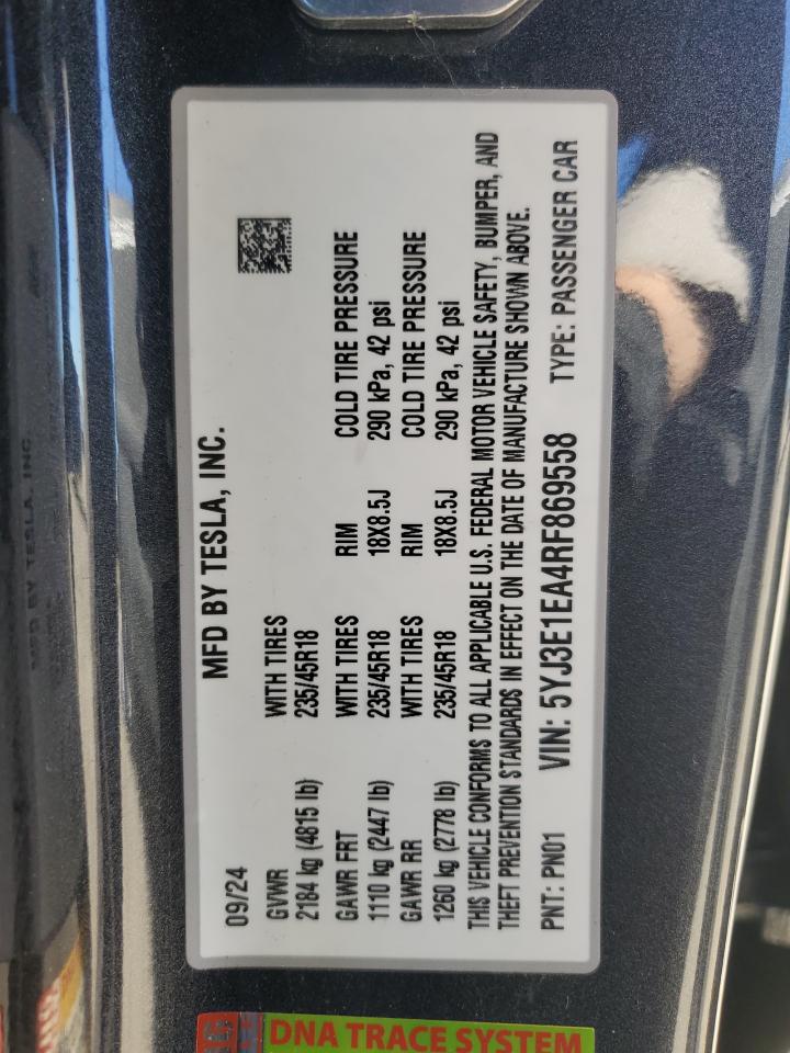 2024 Tesla Model 3 VIN: 5YJ3E1EA4RF869558 Lot: 85579375