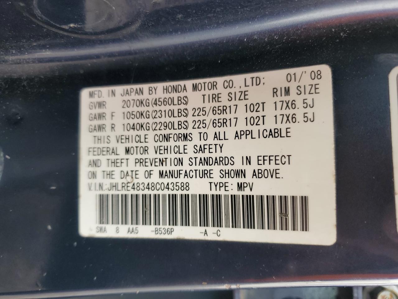 2008 Honda Cr-V Lx VIN: JHLRE48348C043588 Lot: 86705335
