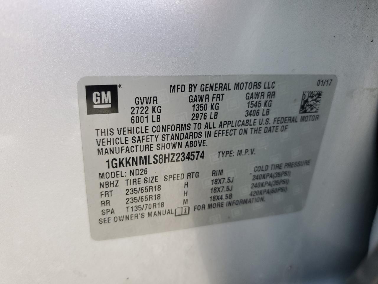 2017 GMC Acadia Slt-1 VIN: 1GKKNMLS8HZ234574 Lot: 86494715