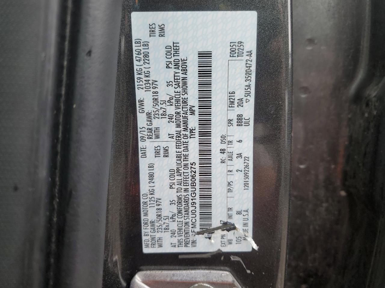 2016 Ford Escape Titanium VIN: 1FMCU0J91GUB06275 Lot: 85328095