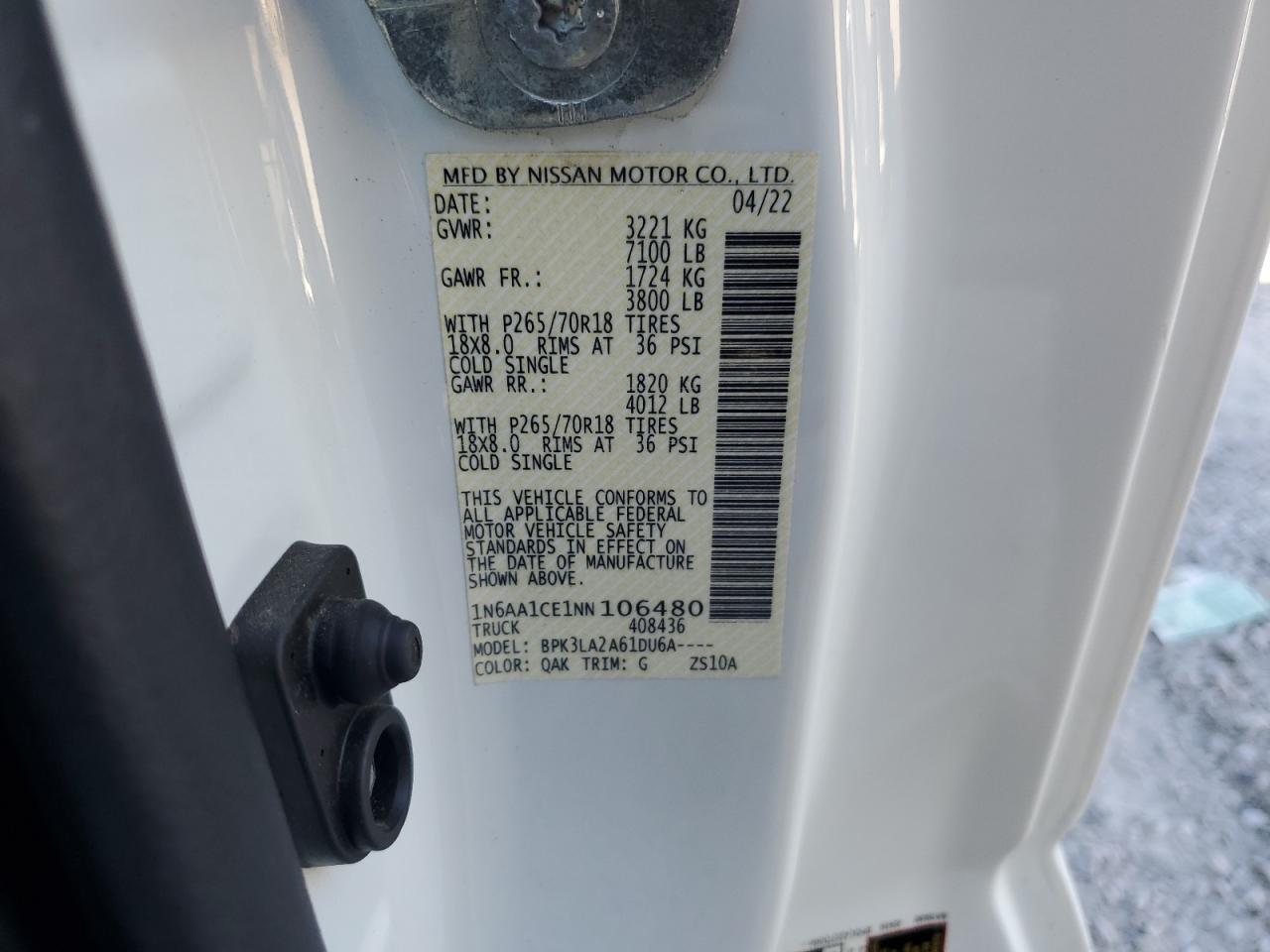 2022 Nissan Titan S VIN: 1N6AA1CE1NN106480 Lot: 81070655