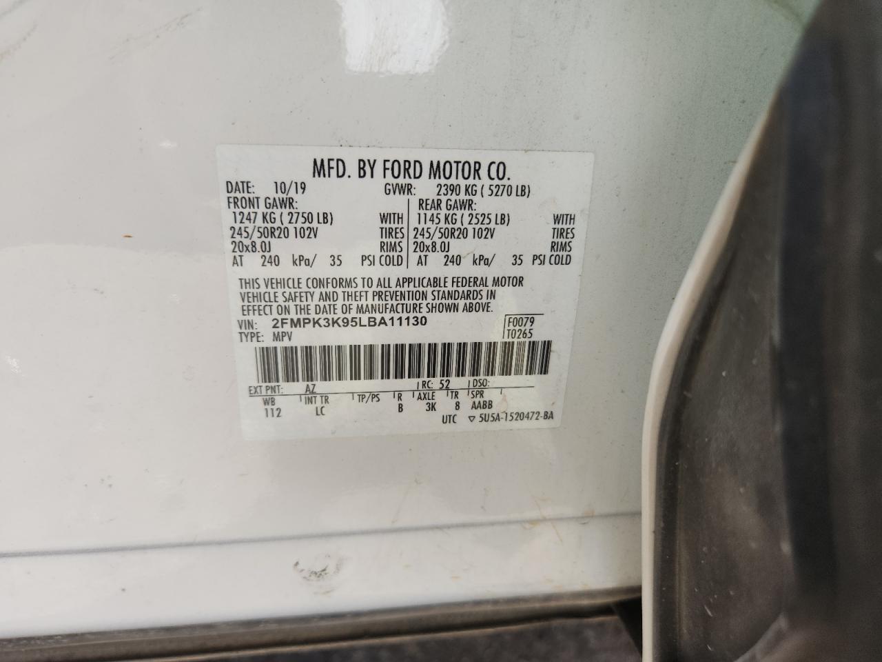 2020 Ford Edge Titanium VIN: 2FMPK3K95LBA11130 Lot: 84817895