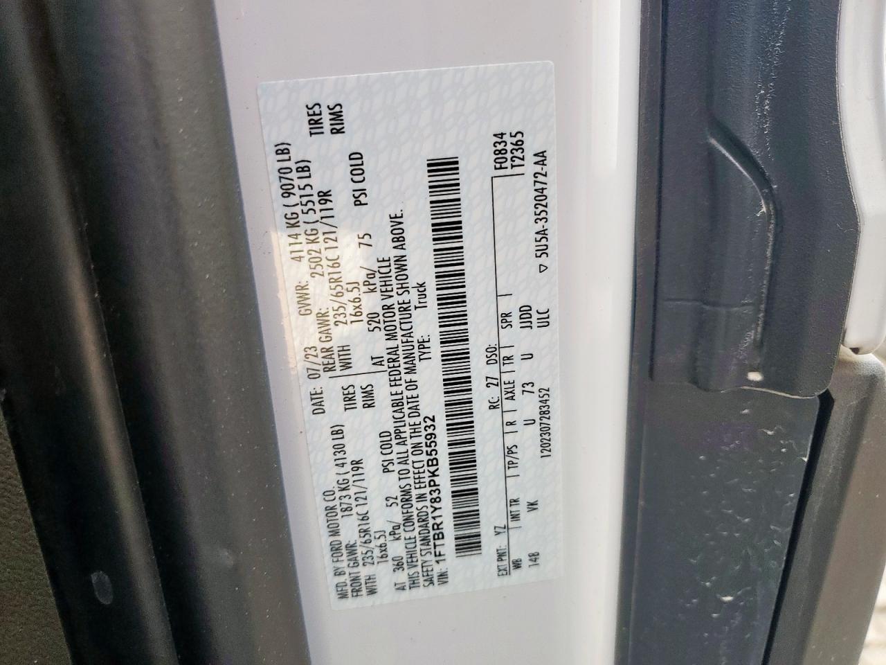 2023 Ford Transit T-250 VIN: 1FTBR1Y83PKB55932 Lot: 85203525